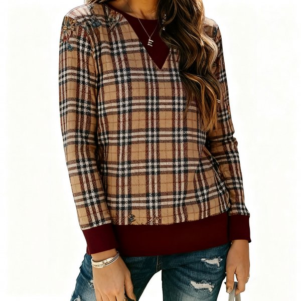 Women's Plaid Print Layered V-Neck Long Sleeve Top