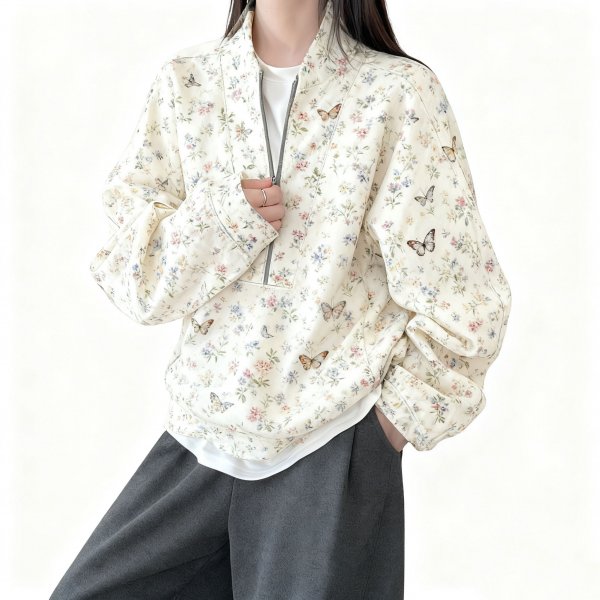 Women's Fresh Floral & Butterfly Print Half-Zip Pullover