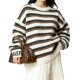 White & Brown Striped Cable Knit Oversized Sweater