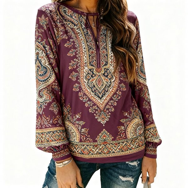 Women's Burgundy Paisley Print Long Sleeve Top