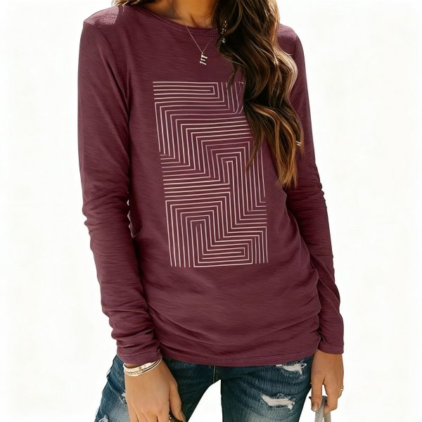 Women's Burgundy Maze Geometric Print Long Sleeve Top