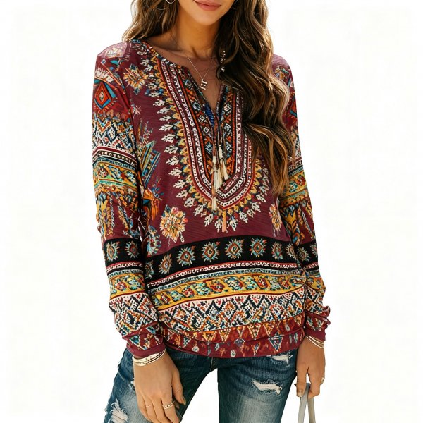 Women's Boho Ethnic Print Tassel Drawstring Long Sleeve Top