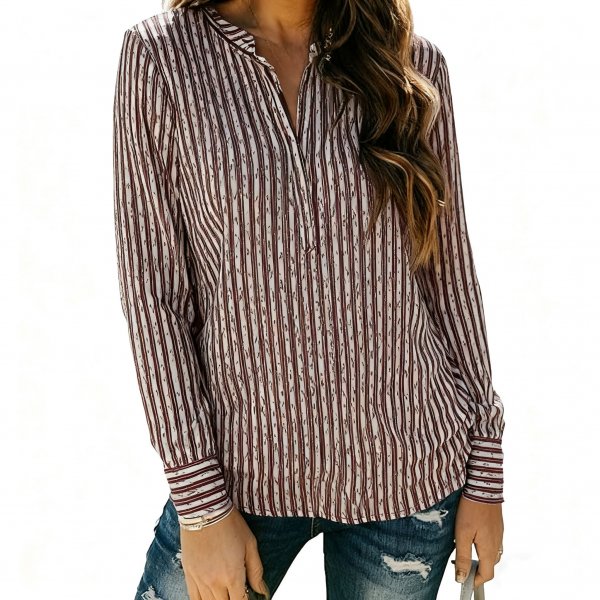 Women's Burgundy Striped Long Sleeve Top