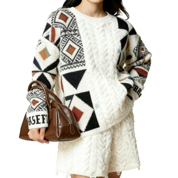 White Cable Knit Sweater with Ethnic Geometric Pattern