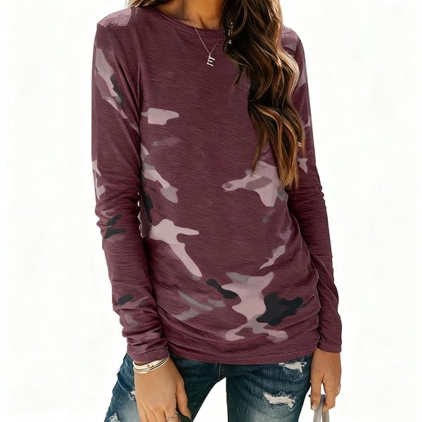 Women's Burgundy Camo Print Long Sleeve Top