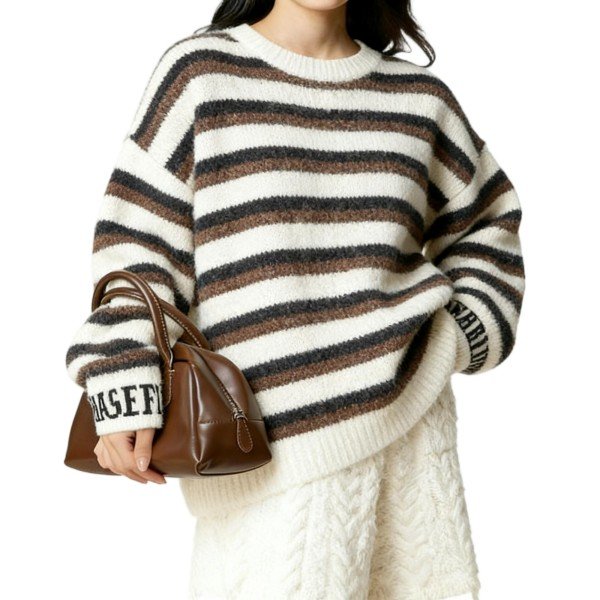White & Brown Striped Cable Knit Oversized Sweater