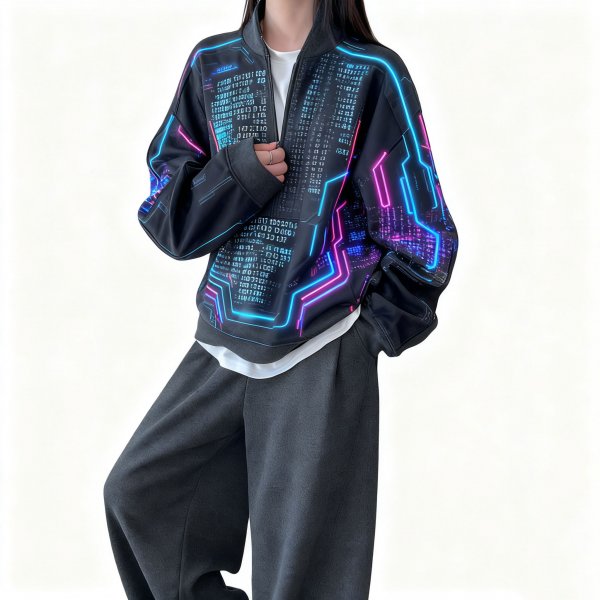 Women's Cyberpunk Digital Circuit Print Half-Zip Pullover